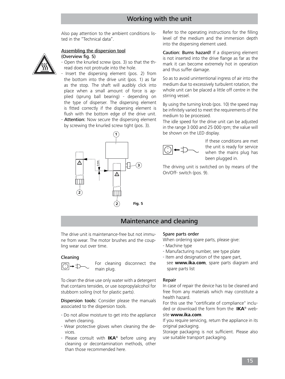 Maintenance and cleaning, Working with the unit | IKA T 25 digital ULTRA-TURRAX User Manual | Page 15 / 188