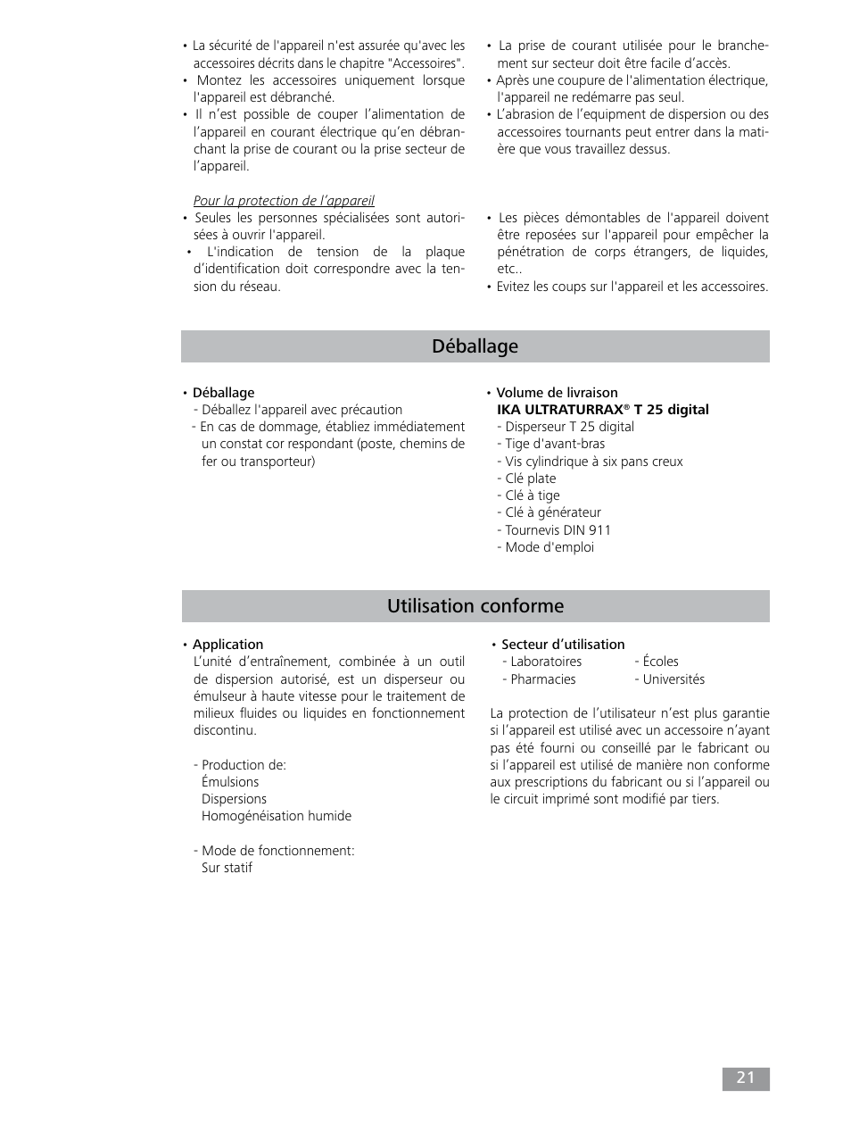 Déballage, Utilisation conforme | IKA T 25 digital ULTRA-TURRAX User Manual | Page 21 / 188