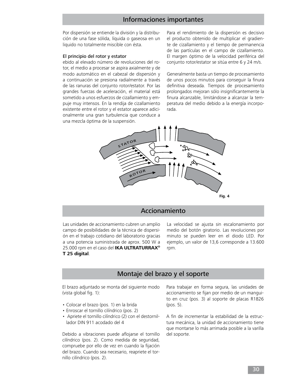 Accionamiento informaciones importantes, Montaje del brazo y el soporte | IKA T 25 digital ULTRA-TURRAX User Manual | Page 30 / 188