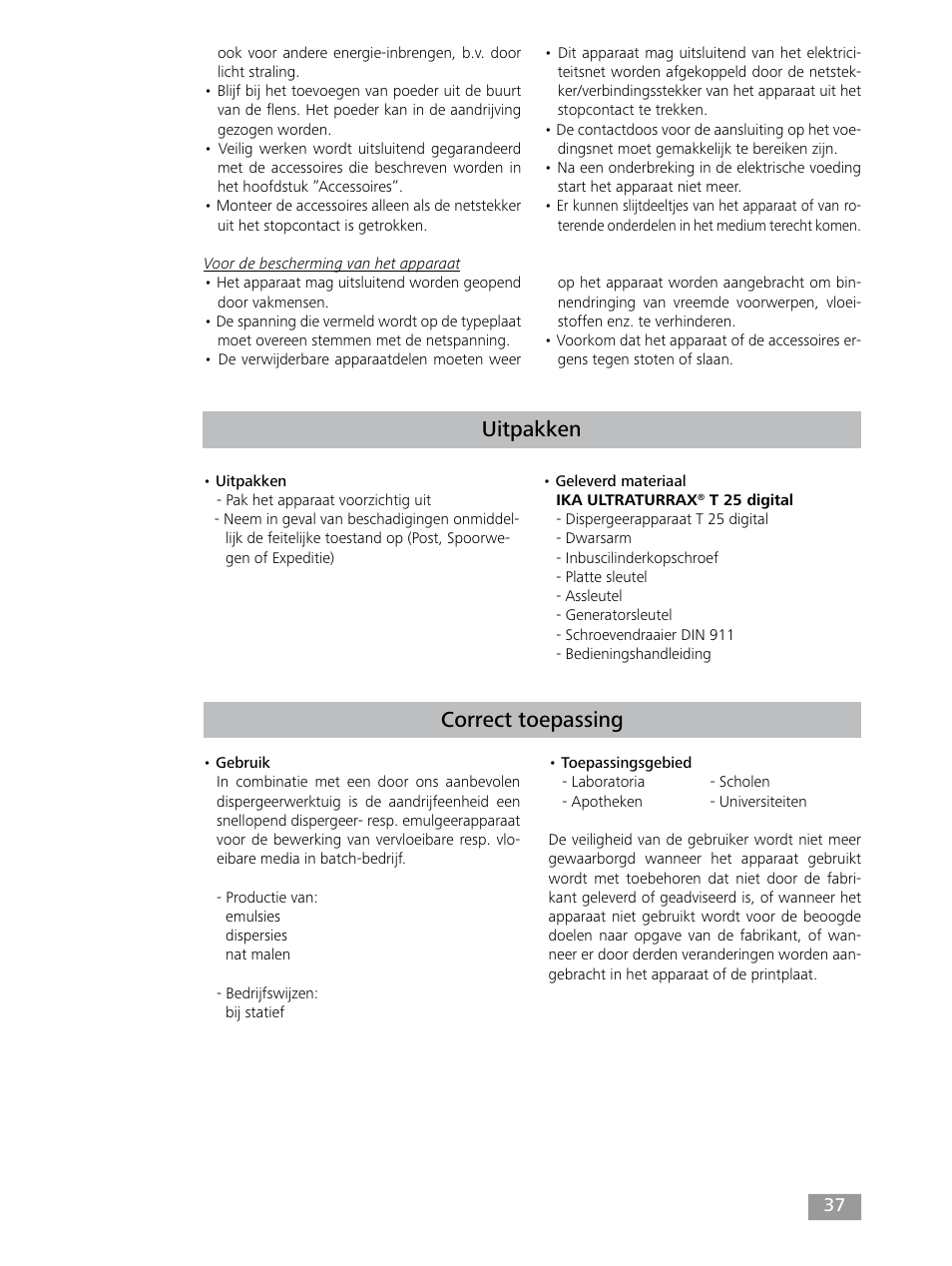 Uitpakken, Correct toepassing | IKA T 25 digital ULTRA-TURRAX User Manual | Page 37 / 188