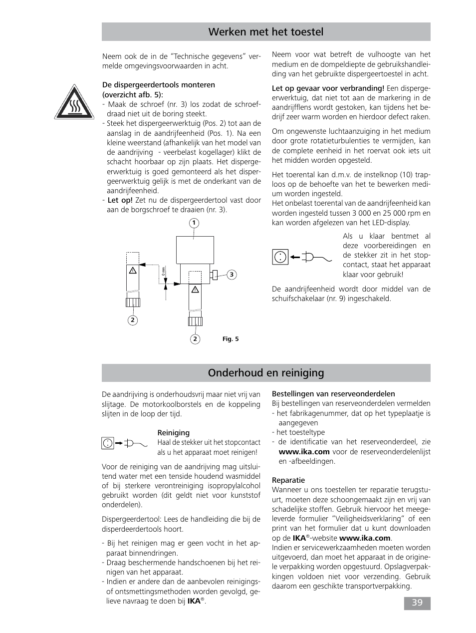 Onderhoud en reiniging, Werken met het toestel | IKA T 25 digital ULTRA-TURRAX User Manual | Page 39 / 188