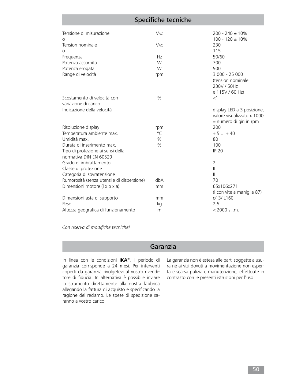 Garanzia specifiche tecniche | IKA T 25 digital ULTRA-TURRAX User Manual | Page 50 / 188