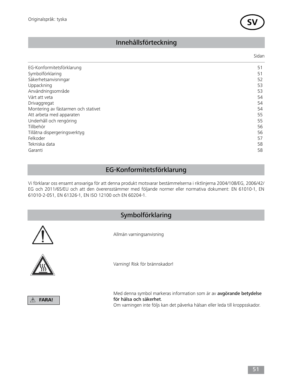 Innehållsförteckning, Eg-konformitetsförklarung symbolförklaring | IKA T 25 digital ULTRA-TURRAX User Manual | Page 51 / 188
