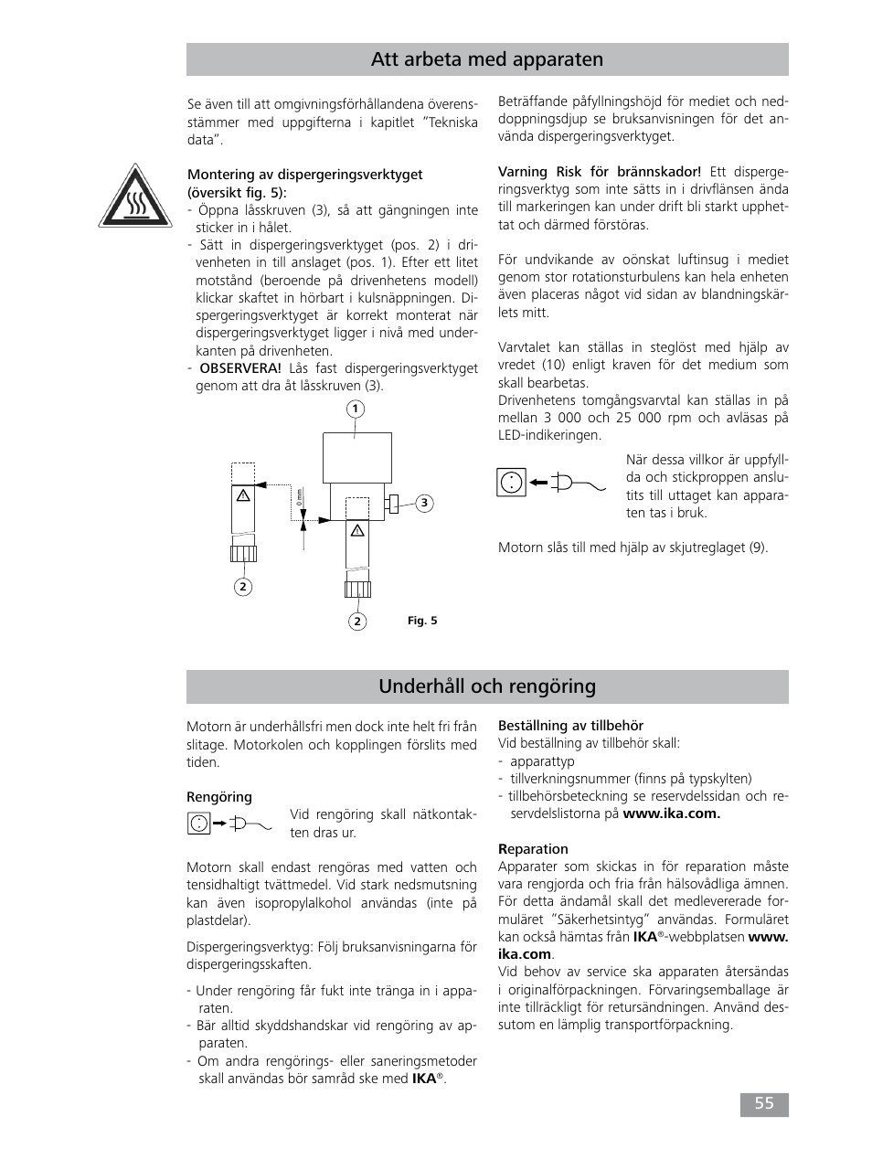 Underhåll och rengöring, Att arbeta med apparaten | IKA T 25 digital ULTRA-TURRAX User Manual | Page 55 / 188