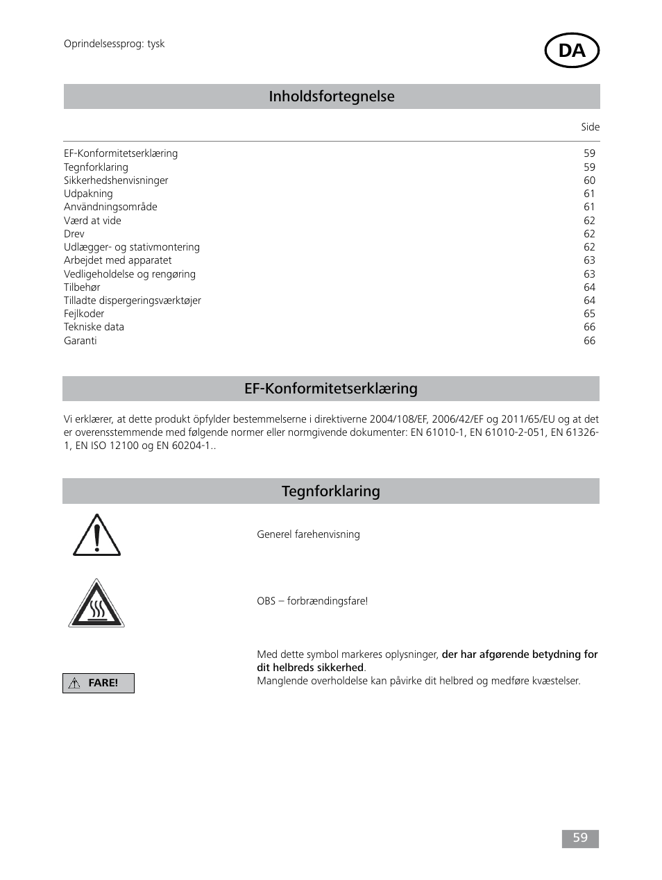 Inholdsfortegnelse, Ef-konformitetserklæring tegnforklaring | IKA T 25 digital ULTRA-TURRAX User Manual | Page 59 / 188