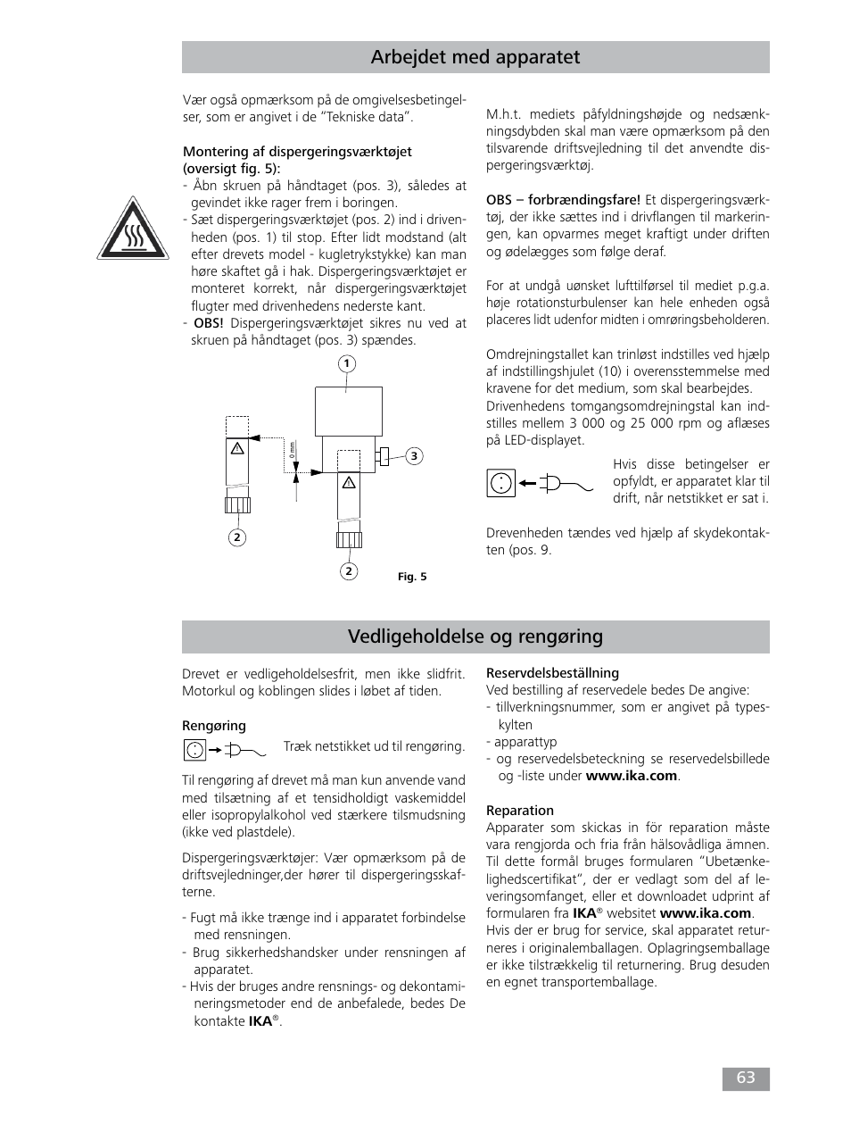 Arbejdet med apparatet, Vedligeholdelse og rengøring | IKA T 25 digital ULTRA-TURRAX User Manual | Page 63 / 188