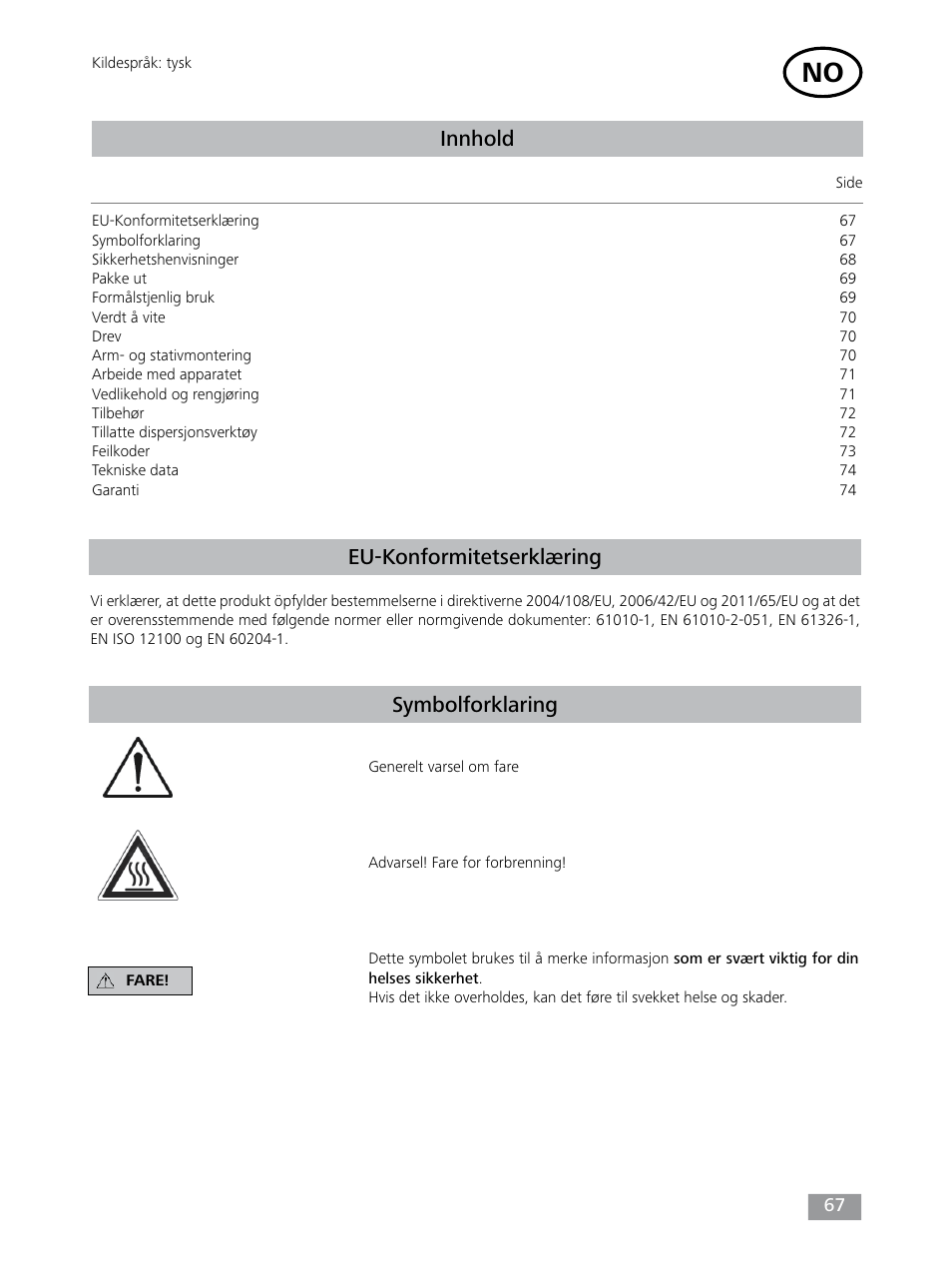 Innhold, Eu-konformitetserklæring symbolforklaring | IKA T 25 digital ULTRA-TURRAX User Manual | Page 67 / 188