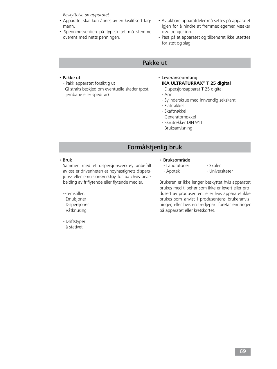 Pakke ut, Formålstjenlig bruk | IKA T 25 digital ULTRA-TURRAX User Manual | Page 69 / 188