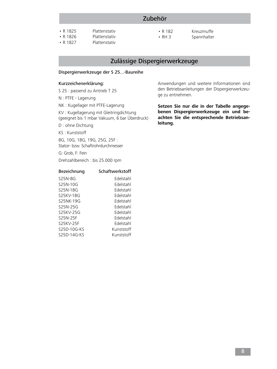 Zubehör zulässige dispergierwerkzeuge | IKA T 25 digital ULTRA-TURRAX User Manual | Page 8 / 188