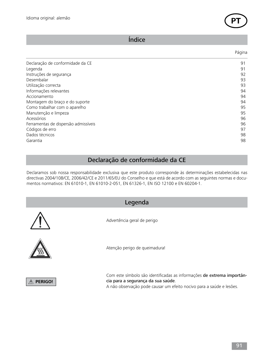 Índice, Declaração de conformidade da ce legenda | IKA T 25 digital ULTRA-TURRAX User Manual | Page 91 / 188