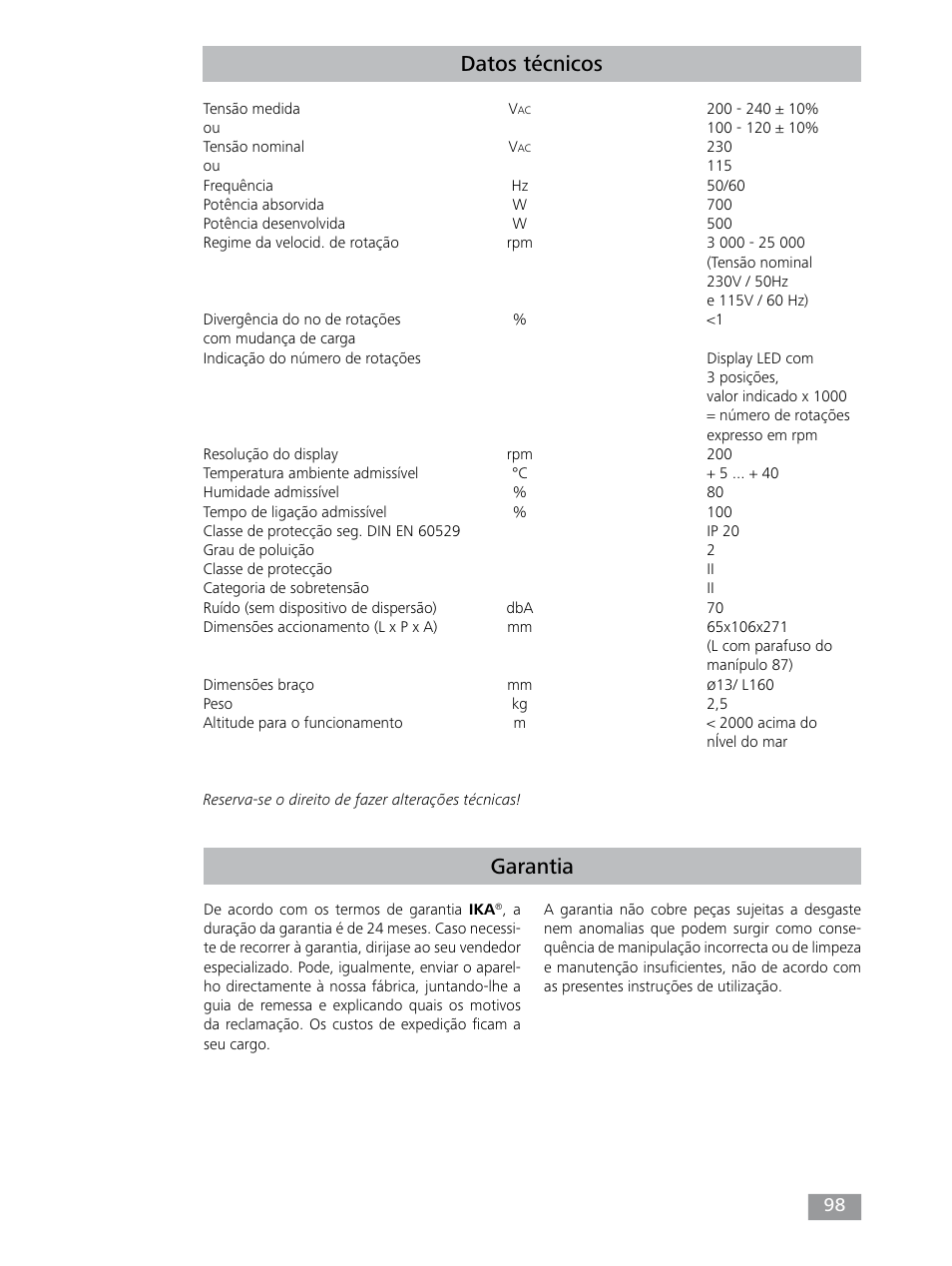 Garantia datos técnicos | IKA T 25 digital ULTRA-TURRAX User Manual | Page 98 / 188