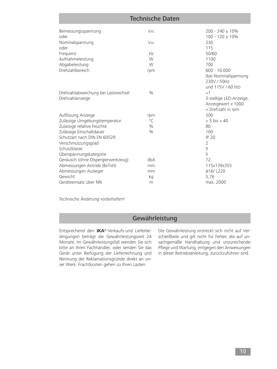 Gewährleistung technische daten | IKA T 50 digital ULTRA-TURRAX User Manual | Page 10 / 188