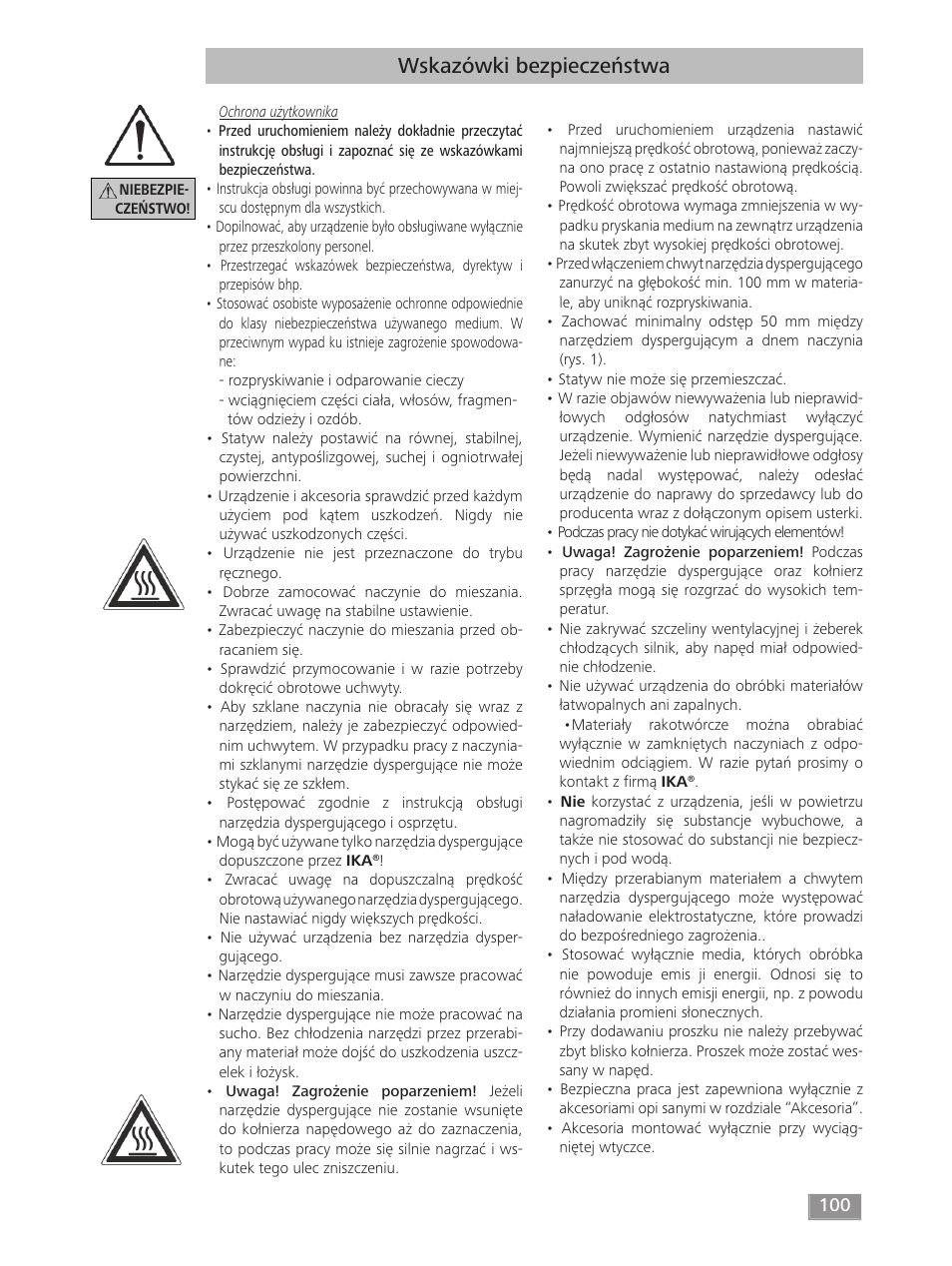 Wskazówki bezpieczeństwa | IKA T 50 digital ULTRA-TURRAX User Manual | Page 100 / 188