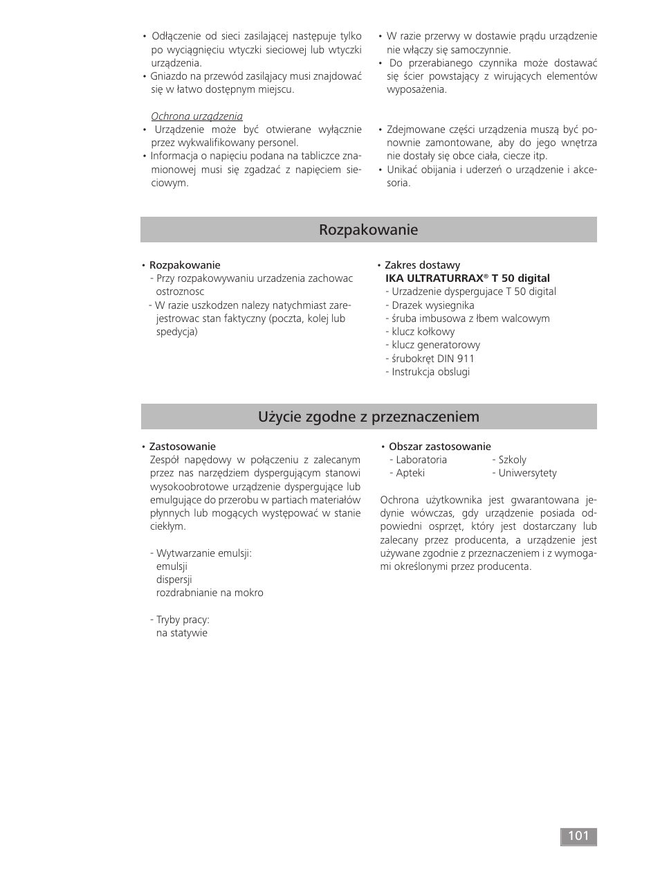 Rozpakowanie, Użycie zgodne z przeznaczeniem | IKA T 50 digital ULTRA-TURRAX User Manual | Page 101 / 188