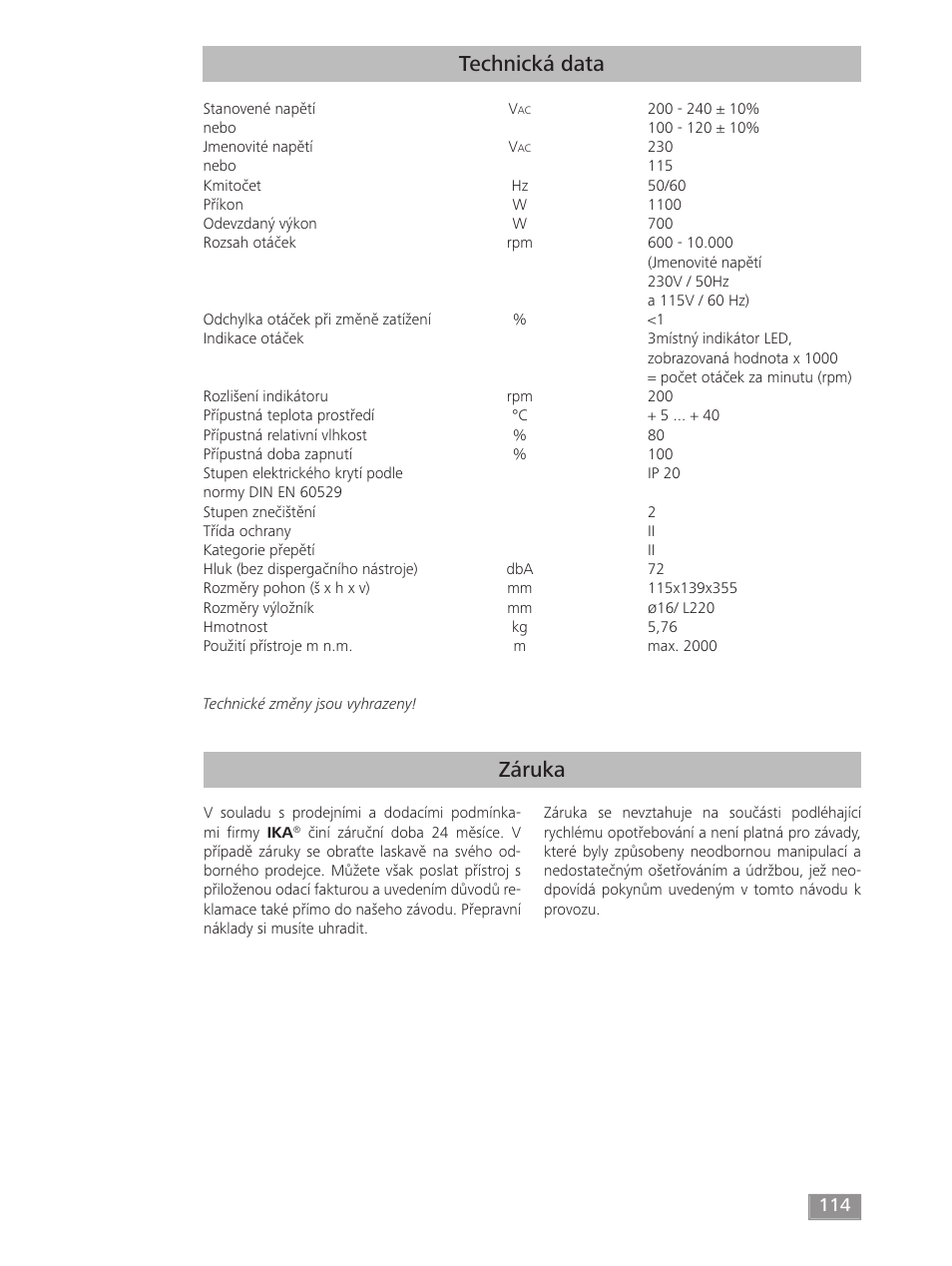 Záruka technická data | IKA T 50 digital ULTRA-TURRAX User Manual | Page 114 / 188