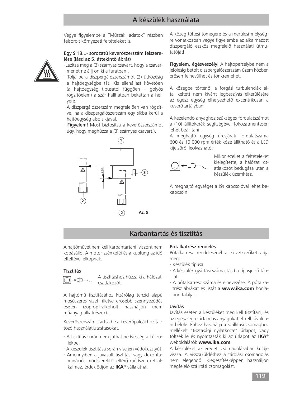 A készülék használata, Karbantartás és tisztítás | IKA T 50 digital ULTRA-TURRAX User Manual | Page 119 / 188