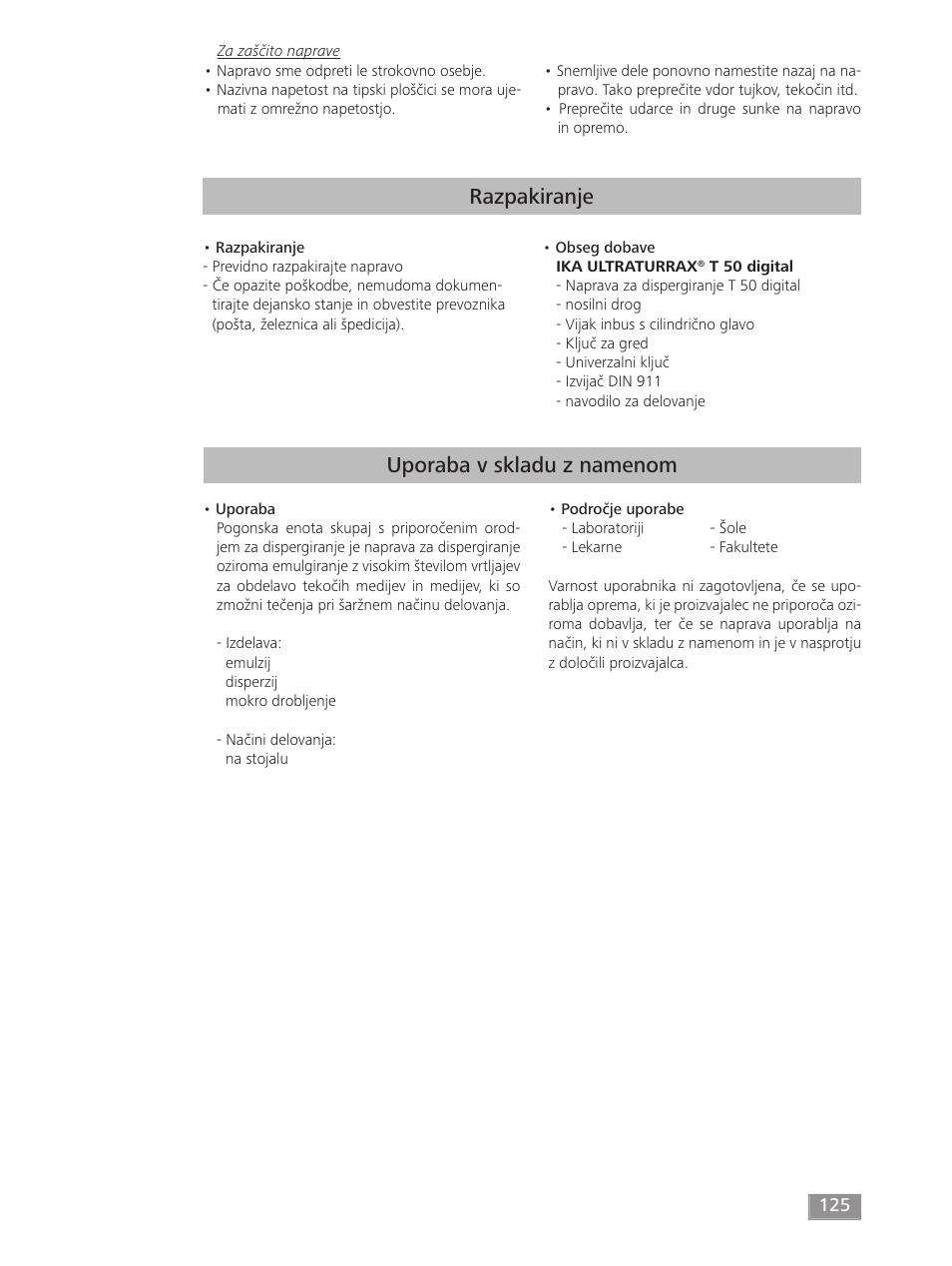 Razpakiranje, Uporaba v skladu z namenom | IKA T 50 digital ULTRA-TURRAX User Manual | Page 125 / 188