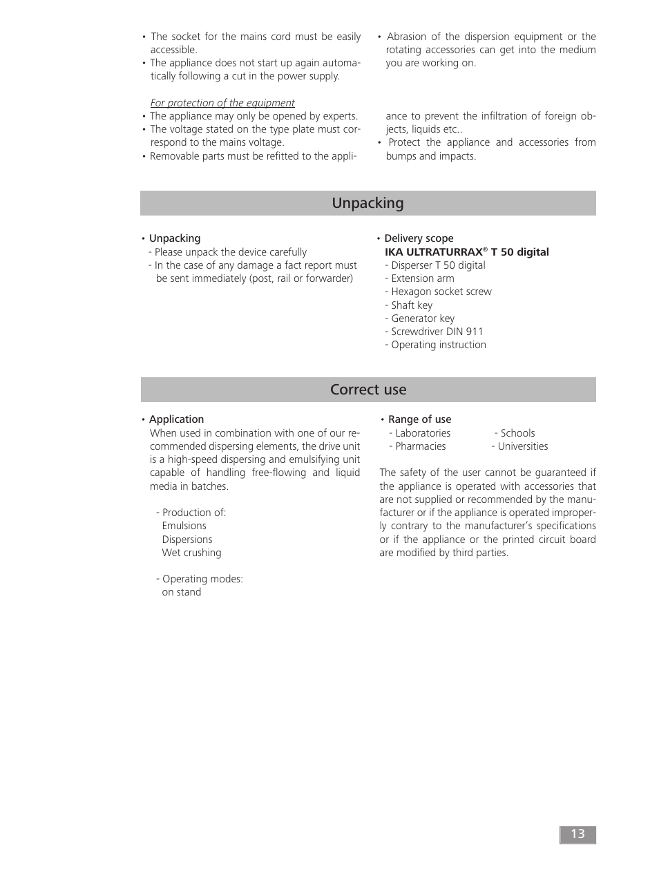 Unpacking, Correct use | IKA T 50 digital ULTRA-TURRAX User Manual | Page 13 / 188