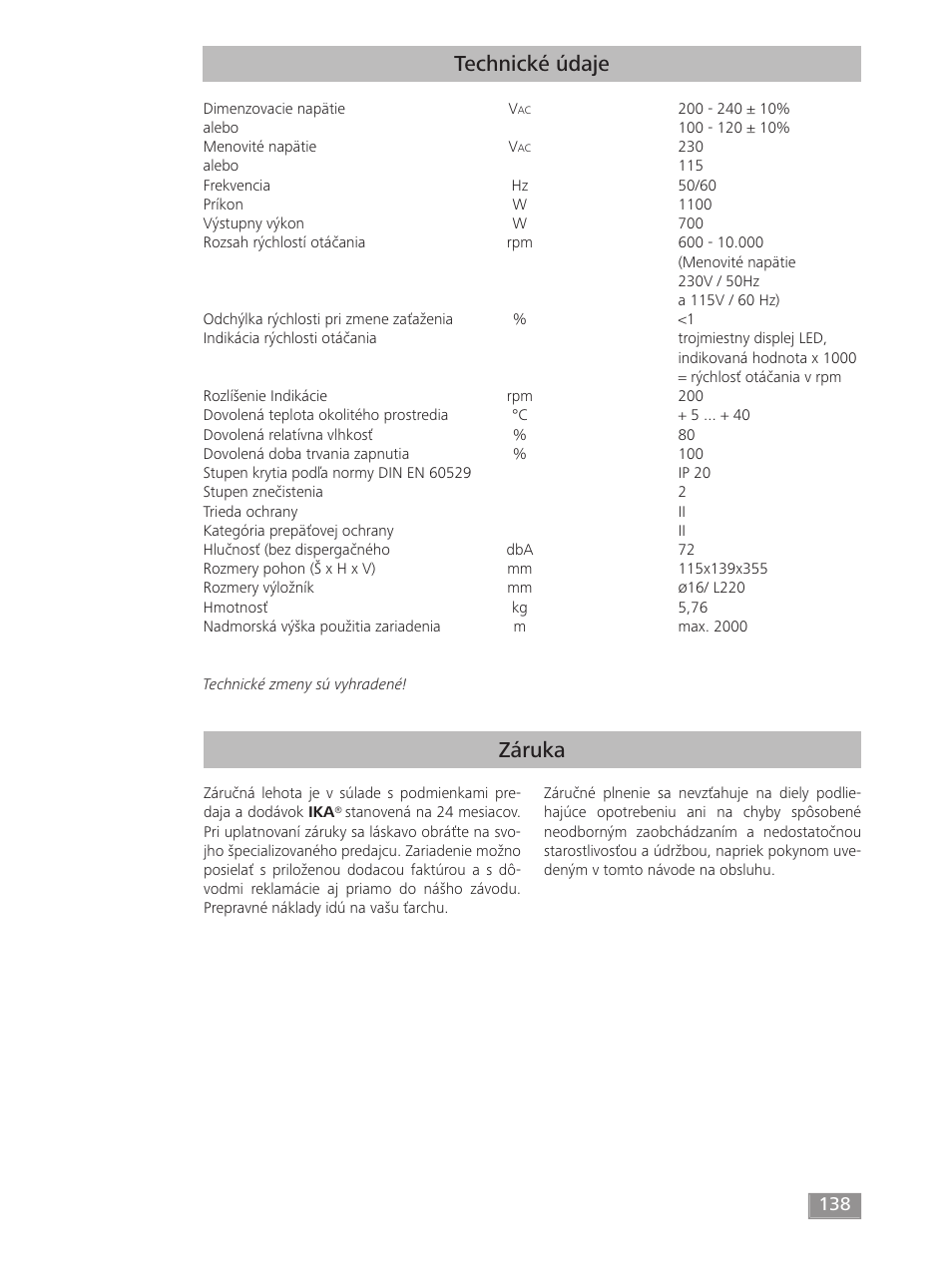 Záruka technické údaje | IKA T 50 digital ULTRA-TURRAX User Manual | Page 138 / 188