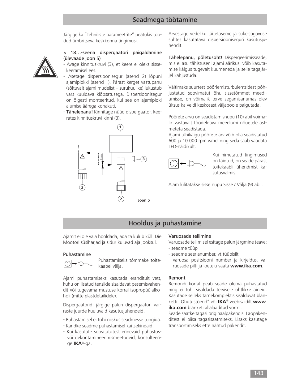 Seadmega töötamine, Hooldus ja puhastamine | IKA T 50 digital ULTRA-TURRAX User Manual | Page 143 / 188