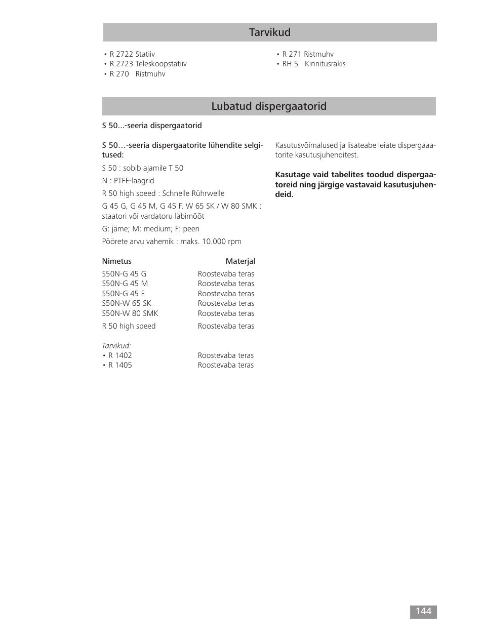 Tarvikud, Lubatud dispergaatorid | IKA T 50 digital ULTRA-TURRAX User Manual | Page 144 / 188