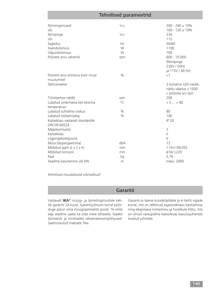 Garantii tehnilised parameetrid | IKA T 50 digital ULTRA-TURRAX User Manual | Page 146 / 188