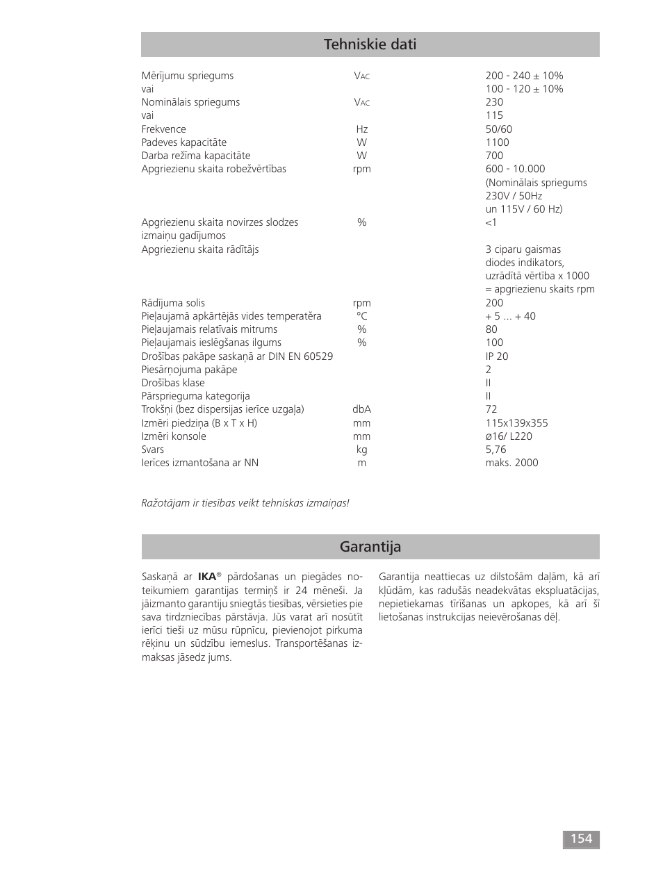 Garantija tehniskie dati | IKA T 50 digital ULTRA-TURRAX User Manual | Page 154 / 188