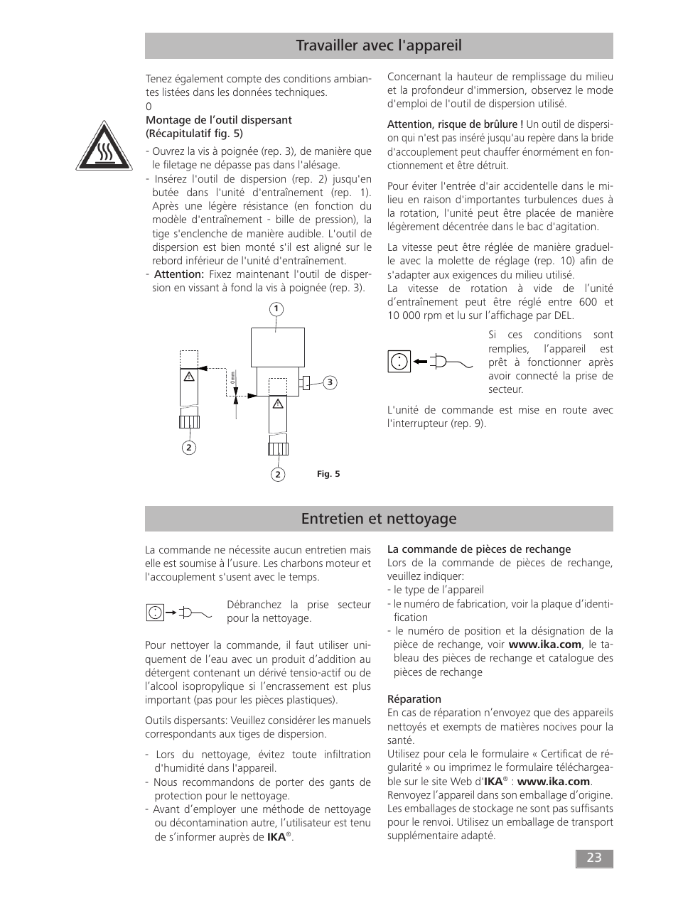 Travailler avec l'appareil, Entretien et nettoyage | IKA T 50 digital ULTRA-TURRAX User Manual | Page 23 / 188