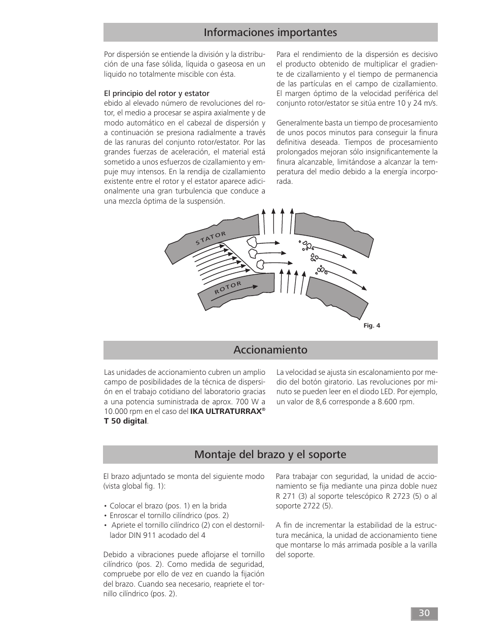 Accionamiento informaciones importantes, Montaje del brazo y el soporte | IKA T 50 digital ULTRA-TURRAX User Manual | Page 30 / 188