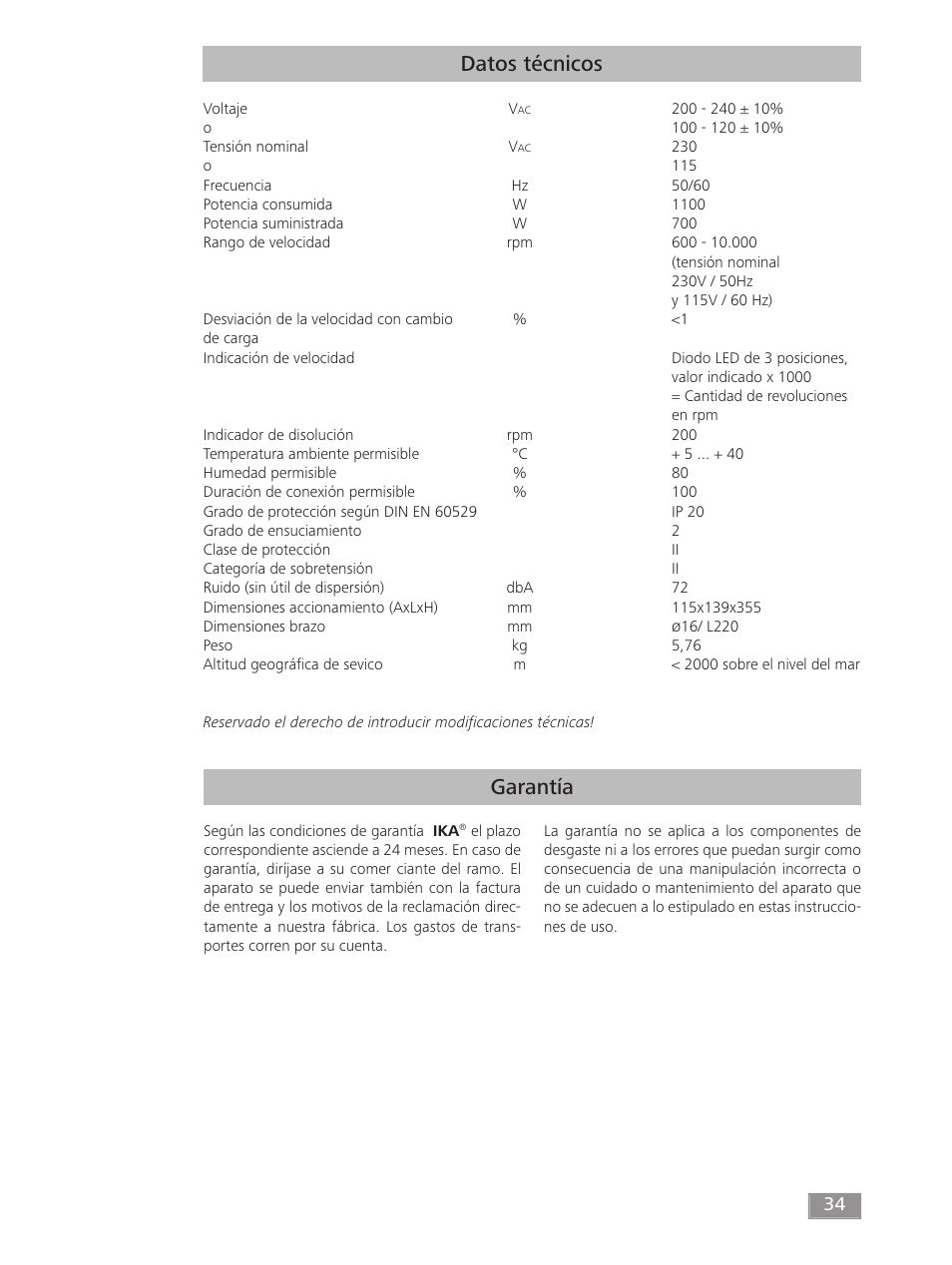 Garantía datos técnicos | IKA T 50 digital ULTRA-TURRAX User Manual | Page 34 / 188