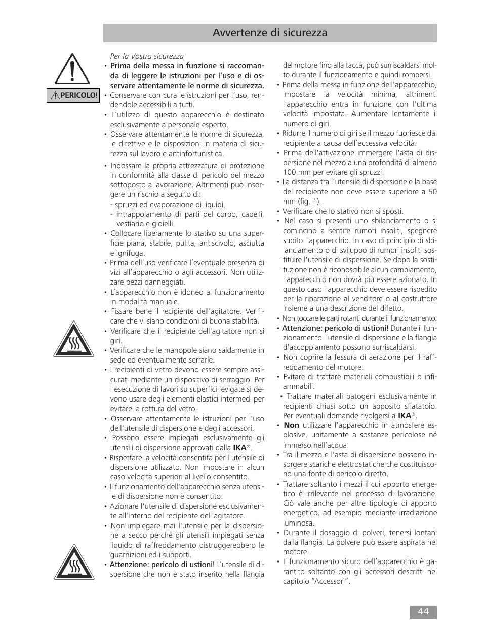Avvertenze di sicurezza | IKA T 50 digital ULTRA-TURRAX User Manual | Page 44 / 188