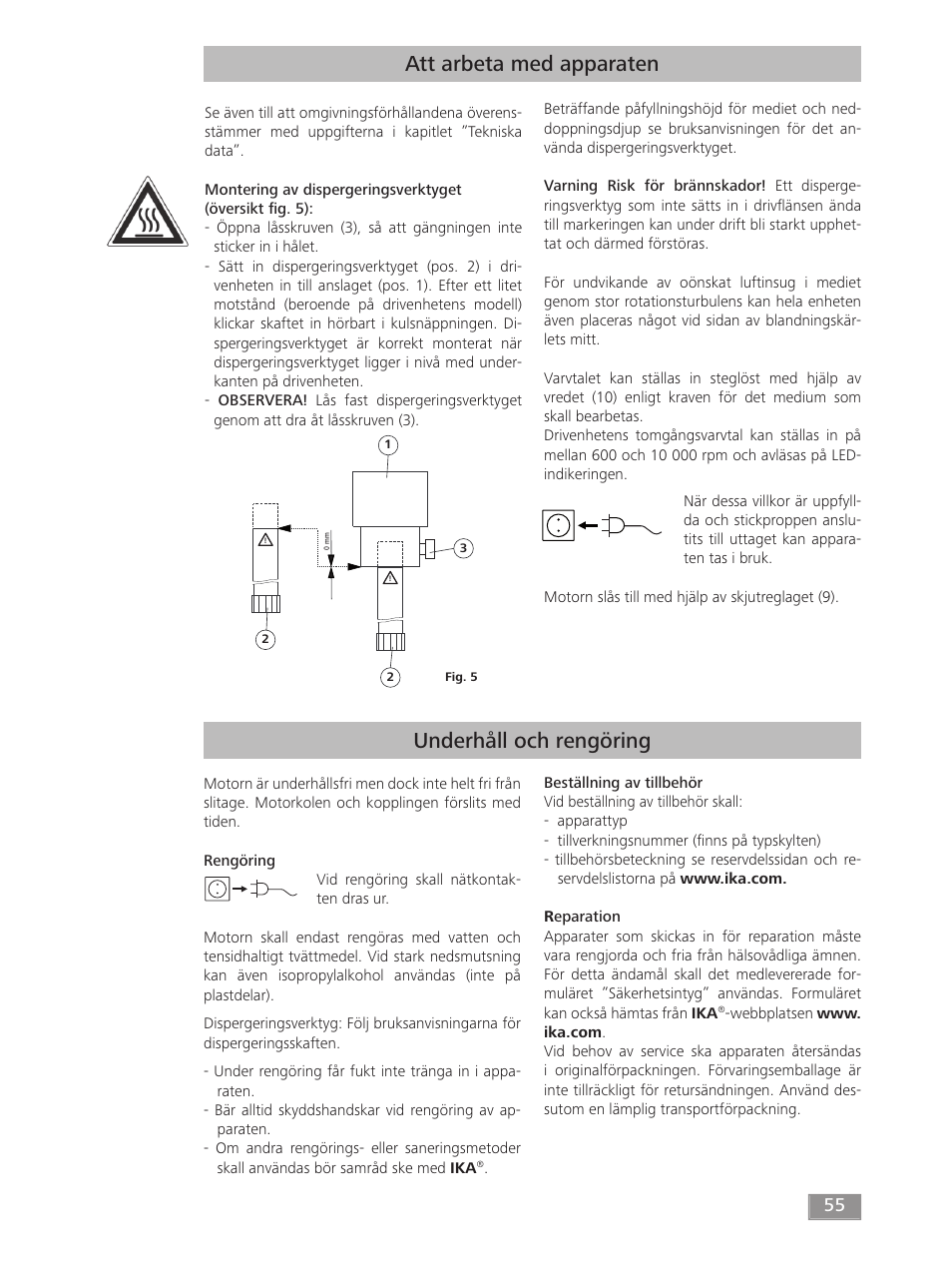 Att arbeta med apparaten, Underhåll och rengöring | IKA T 50 digital ULTRA-TURRAX User Manual | Page 55 / 188
