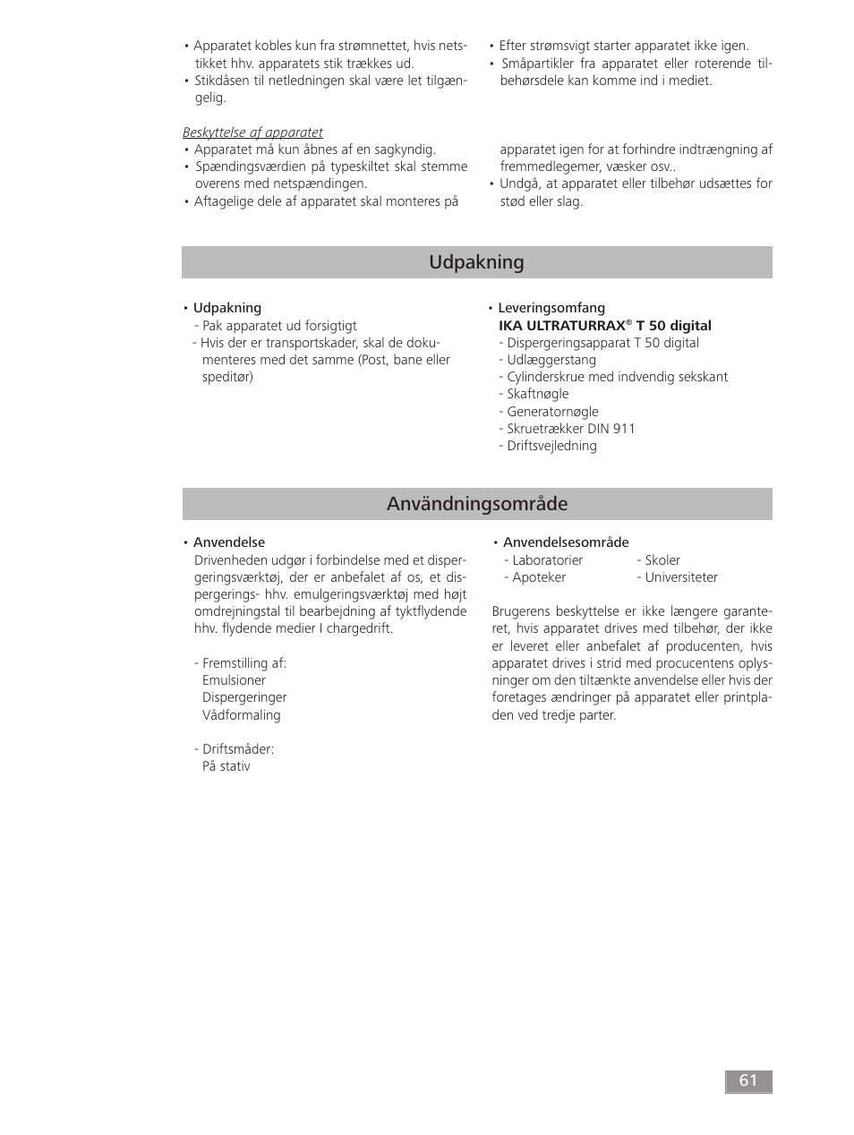Udpakning, Användningsområde | IKA T 50 digital ULTRA-TURRAX User Manual | Page 61 / 188