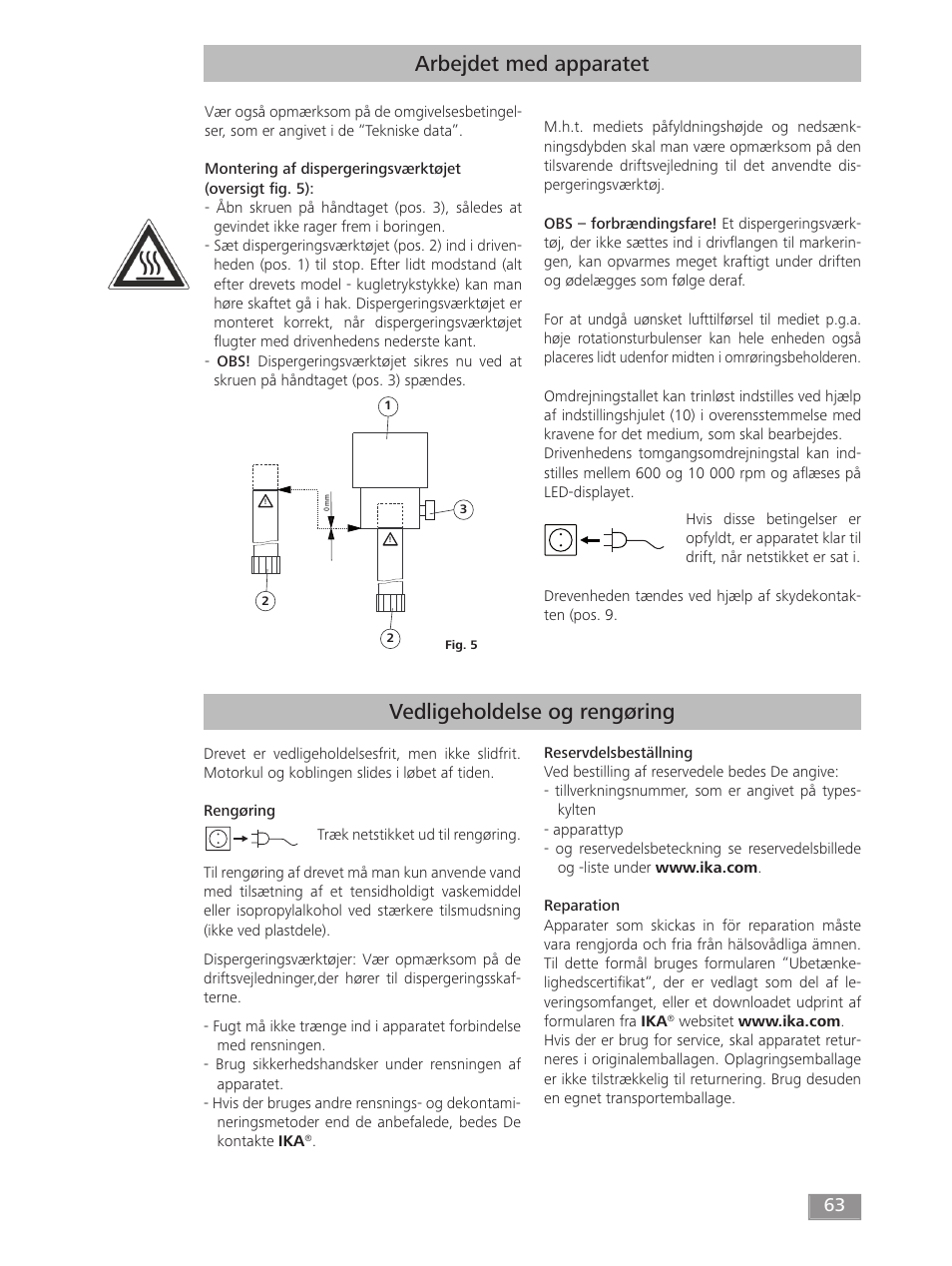 Arbejdet med apparatet, Vedligeholdelse og rengøring | IKA T 50 digital ULTRA-TURRAX User Manual | Page 63 / 188