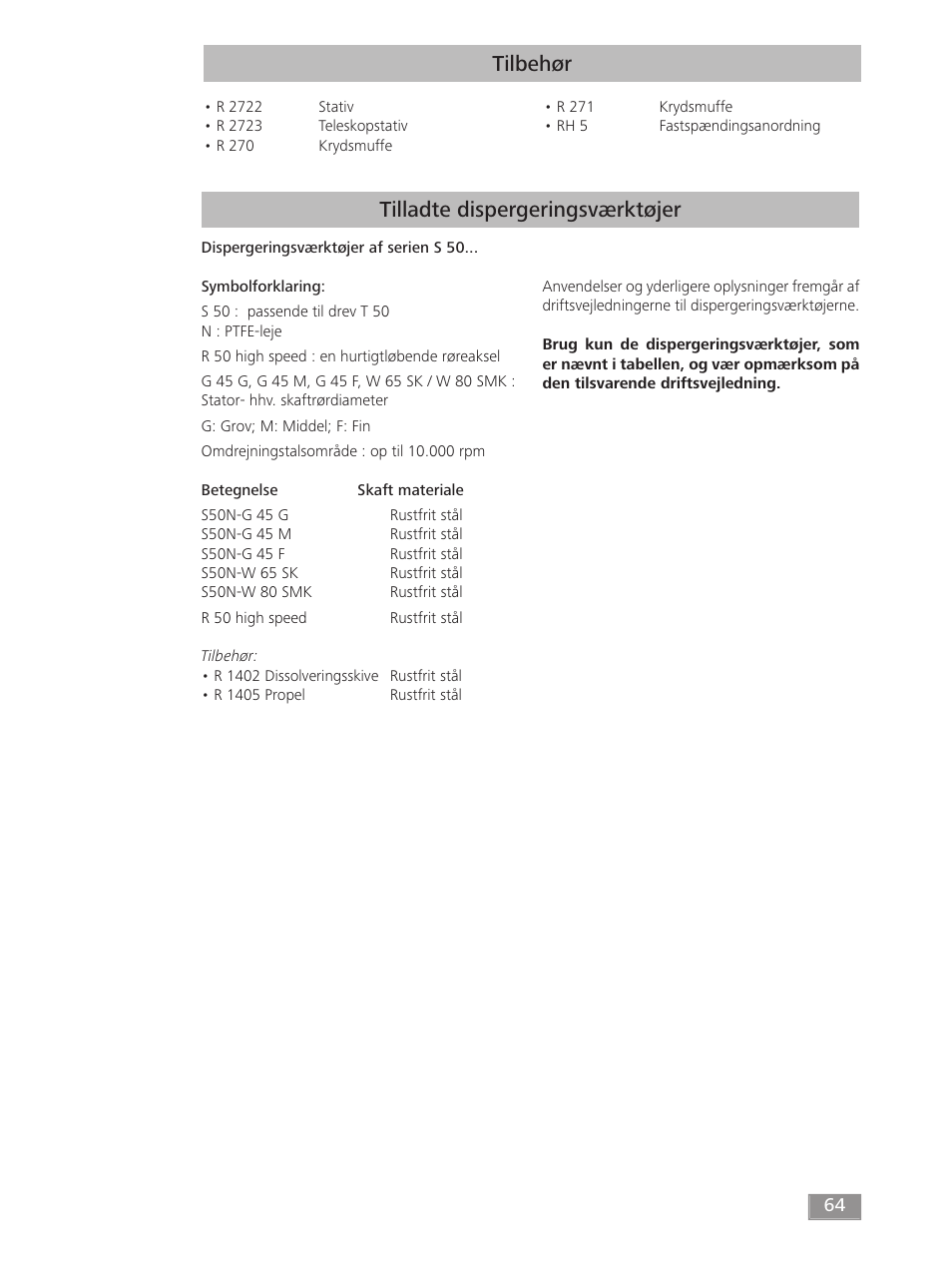 Tilbehør, Tilladte dispergeringsværktøjer | IKA T 50 digital ULTRA-TURRAX User Manual | Page 64 / 188