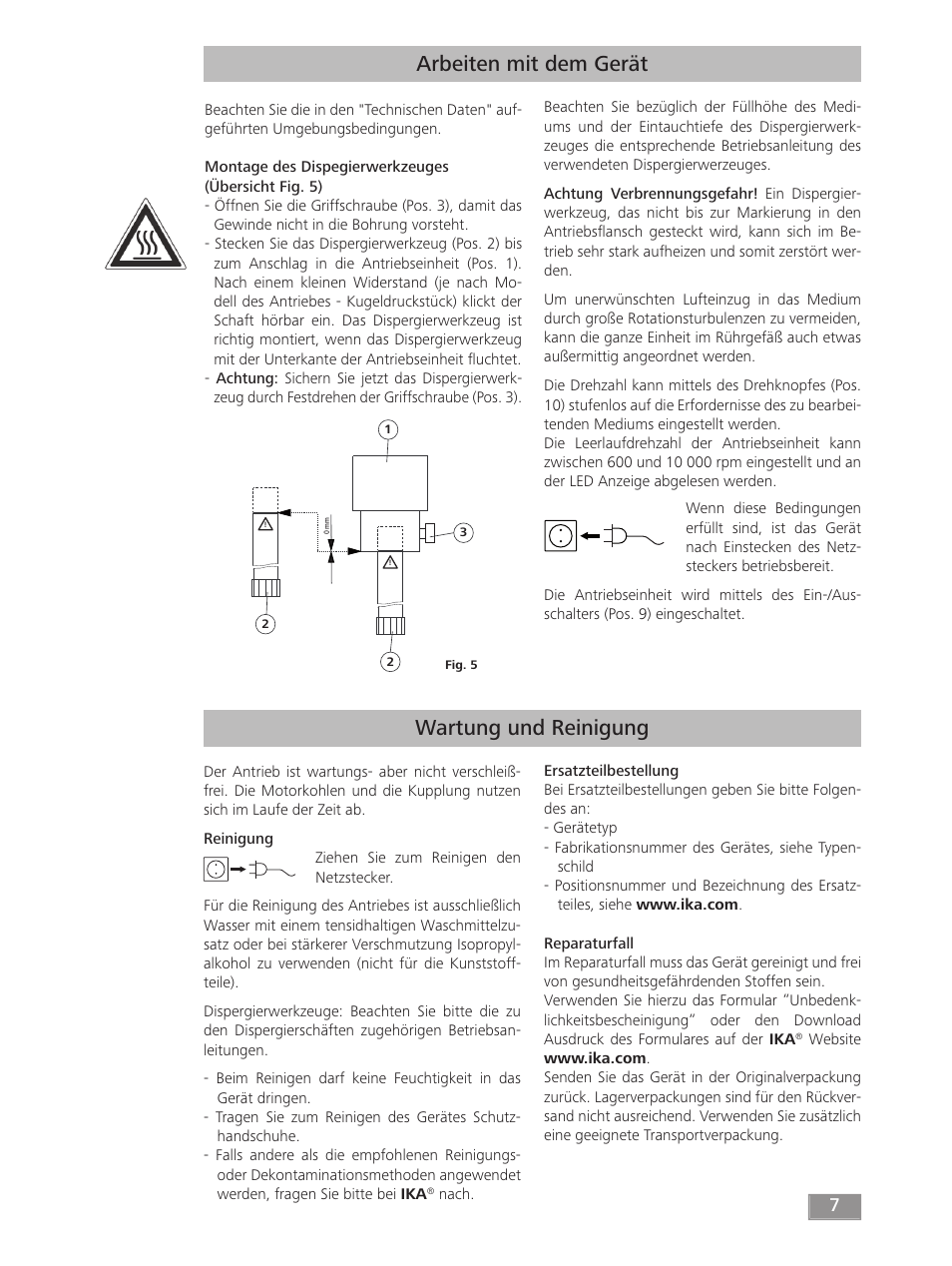 Arbeiten mit dem gerät, Wartung und reinigung | IKA T 50 digital ULTRA-TURRAX User Manual | Page 7 / 188