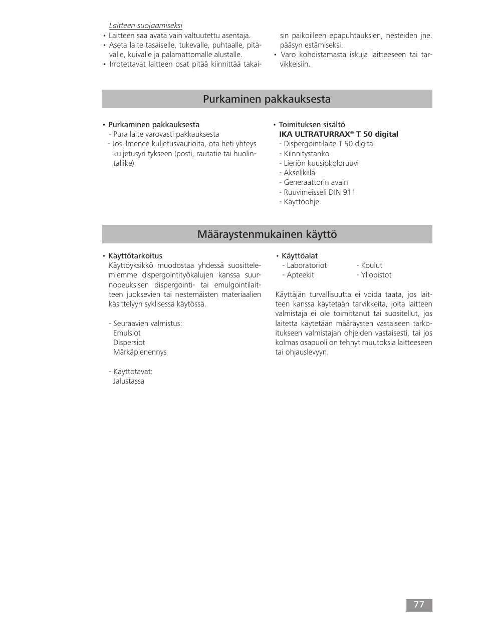 Purkaminen pakkauksesta, Määraystenmukainen käyttö | IKA T 50 digital ULTRA-TURRAX User Manual | Page 77 / 188