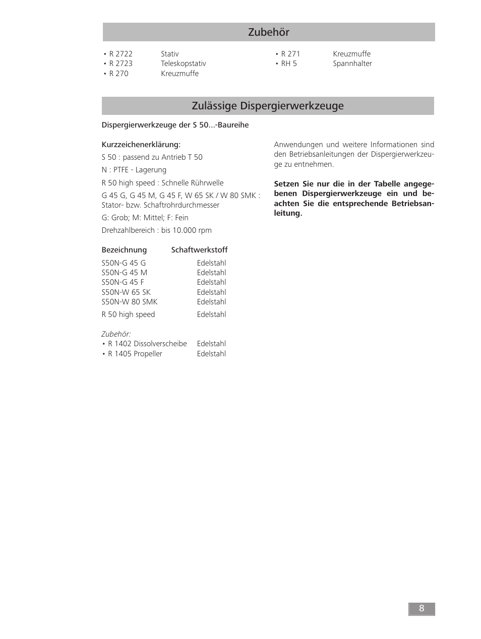 Zubehör, Zulässige dispergierwerkzeuge | IKA T 50 digital ULTRA-TURRAX User Manual | Page 8 / 188