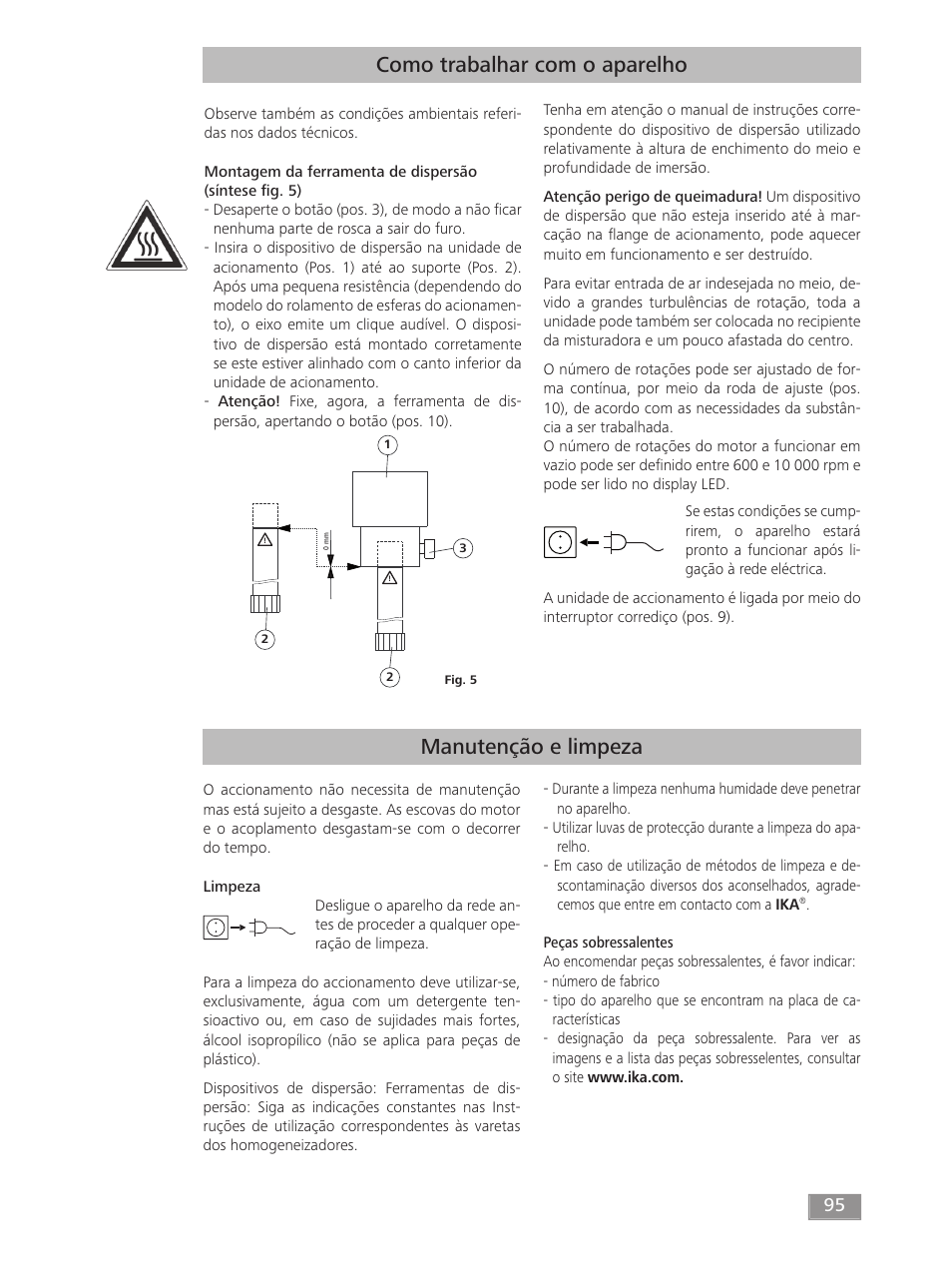 Como trabalhar com o aparelho, Manutenção e limpeza | IKA T 50 digital ULTRA-TURRAX User Manual | Page 95 / 188