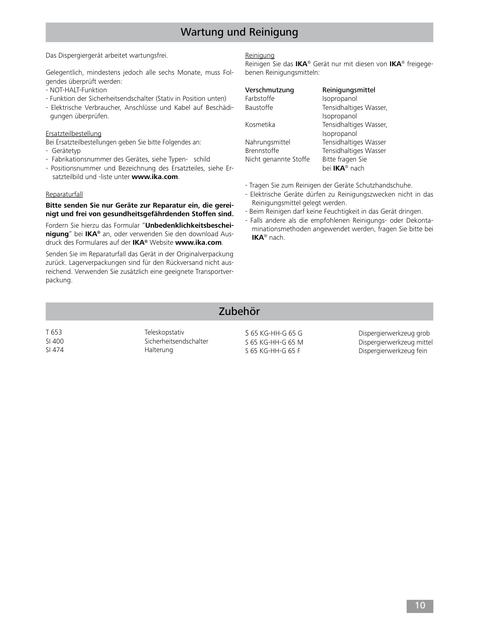 Wartung und reinigung, Zubehör | IKA T 65 digital ULTRA-TURRAX User Manual | Page 10 / 100