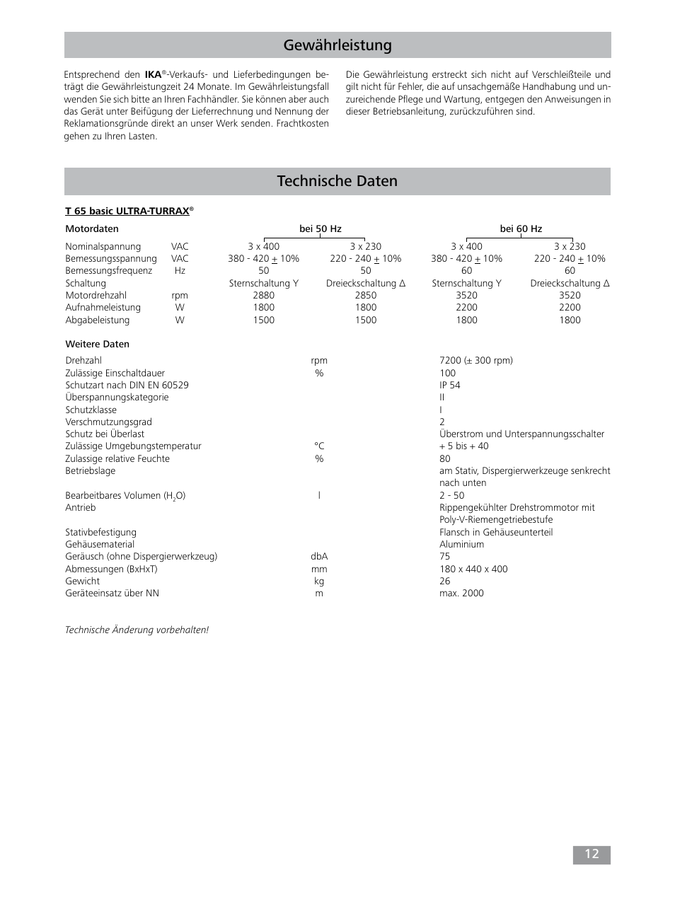 Gewährleistung, Technische daten | IKA T 65 digital ULTRA-TURRAX User Manual | Page 12 / 100