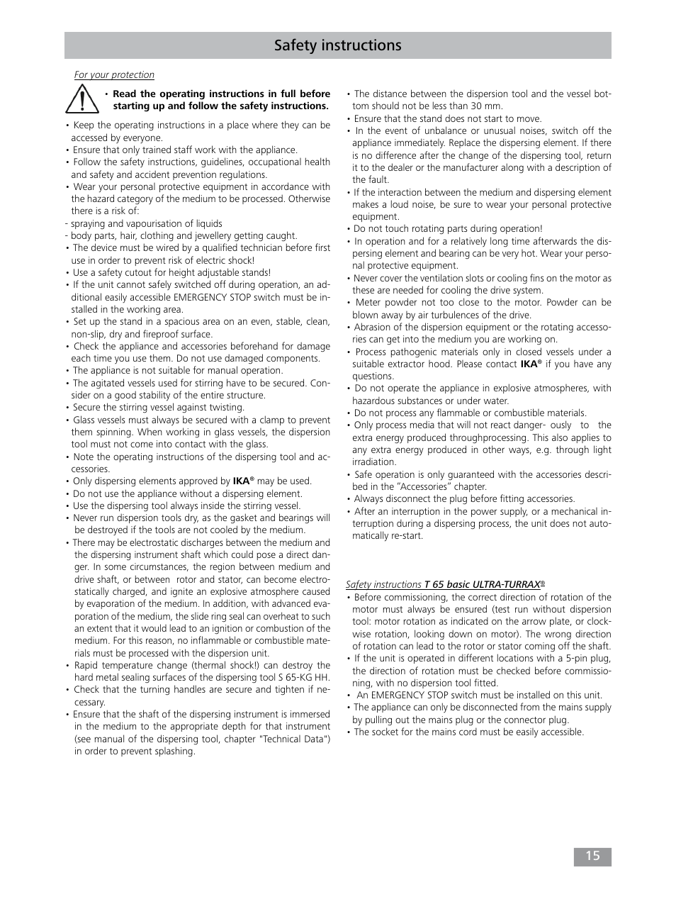 Safety instructions | IKA T 65 digital ULTRA-TURRAX User Manual | Page 15 / 100