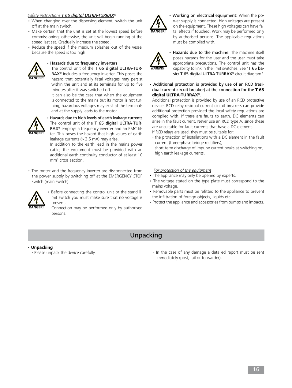 Unpacking | IKA T 65 digital ULTRA-TURRAX User Manual | Page 16 / 100