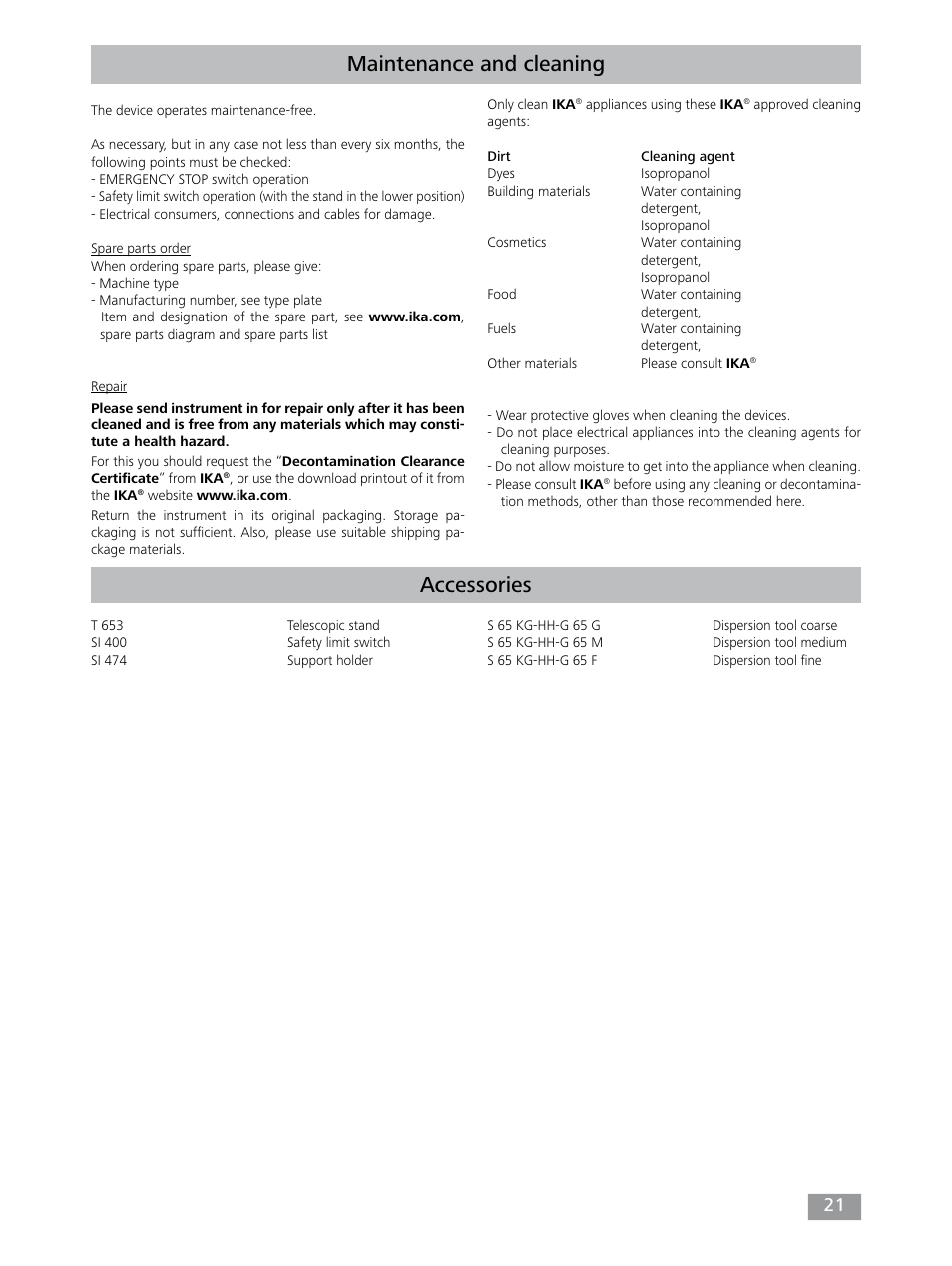 Maintenance and cleaning, Accessories | IKA T 65 digital ULTRA-TURRAX User Manual | Page 21 / 100