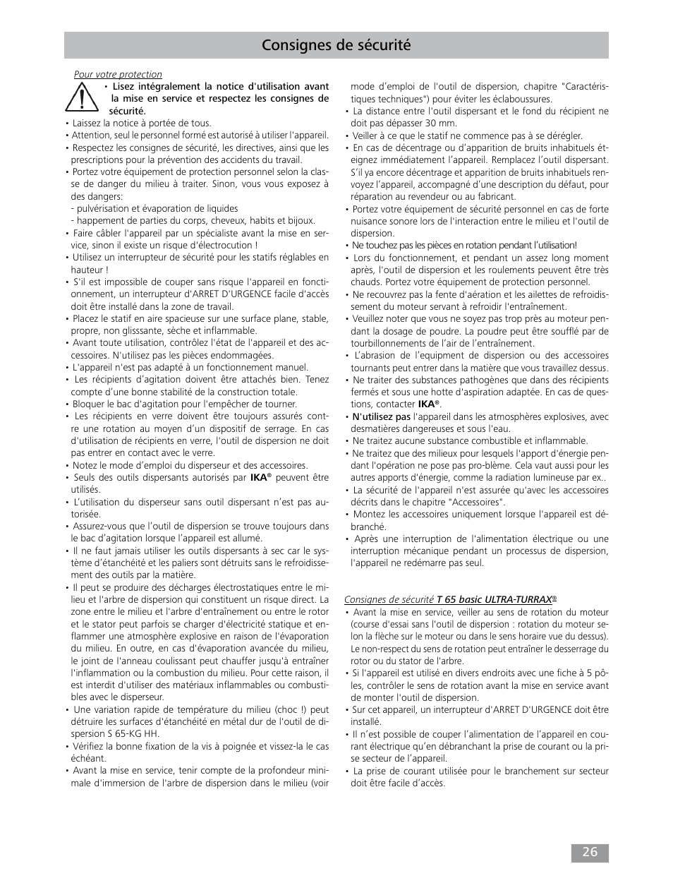 Consignes de sécurité | IKA T 65 digital ULTRA-TURRAX User Manual | Page 26 / 100