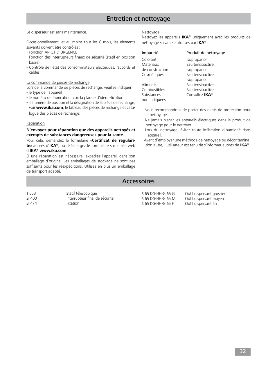 Entretien et nettoyage, Accessoires | IKA T 65 digital ULTRA-TURRAX User Manual | Page 32 / 100