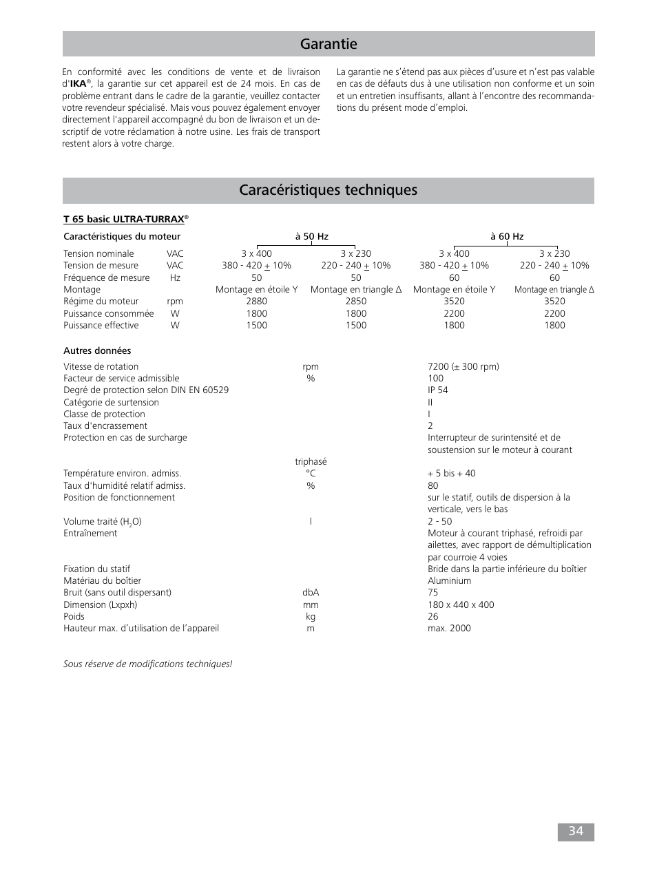 Garantie, Caracéristiques techniques | IKA T 65 digital ULTRA-TURRAX User Manual | Page 34 / 100