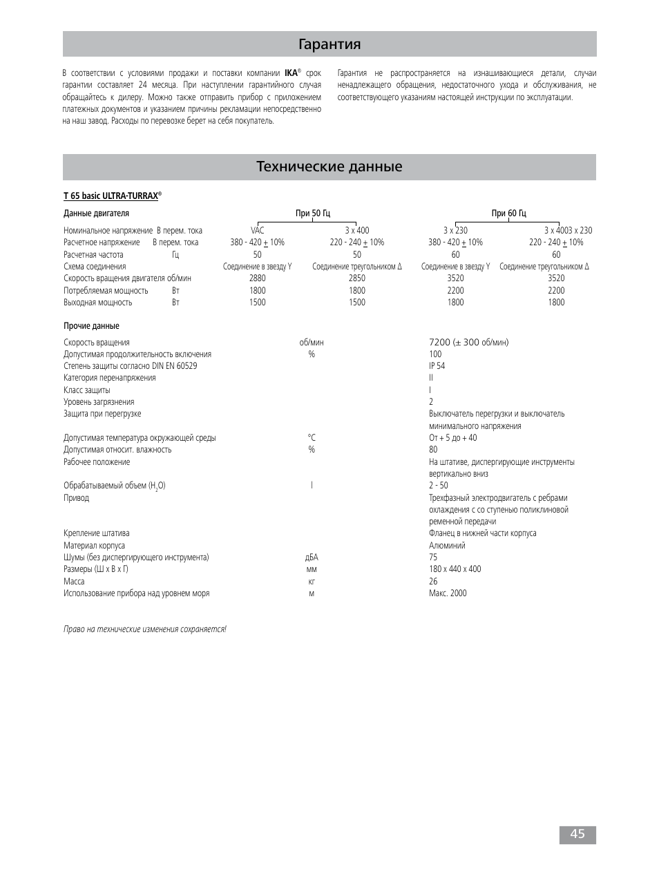 Гарантия, Технические данные | IKA T 65 digital ULTRA-TURRAX User Manual | Page 45 / 100