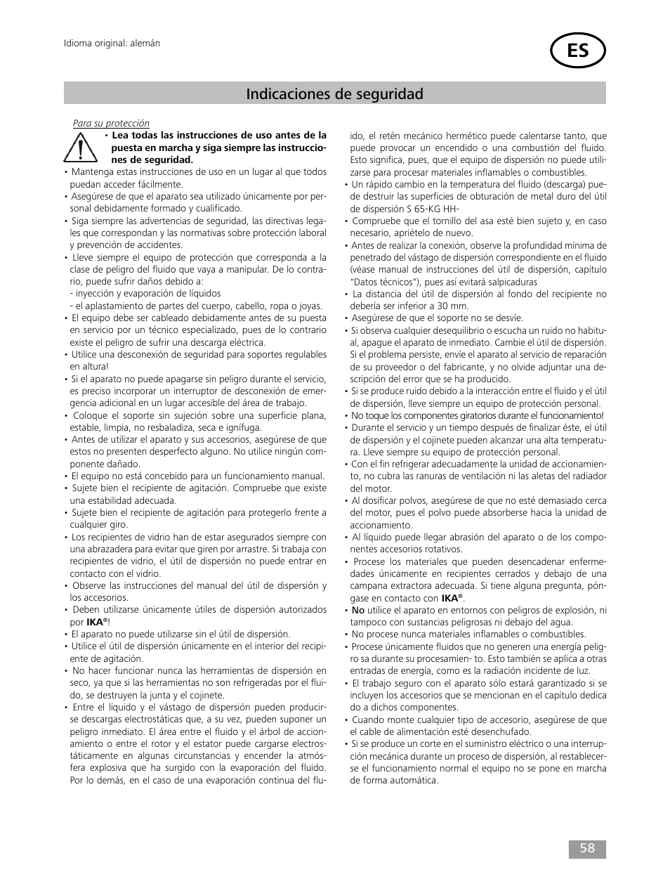 Indicaciones de seguridad | IKA T 65 digital ULTRA-TURRAX User Manual | Page 58 / 100