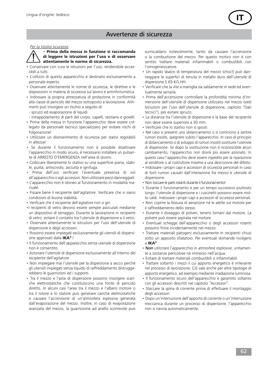 Avvertenze di sicurezza | IKA T 65 digital ULTRA-TURRAX User Manual | Page 62 / 100